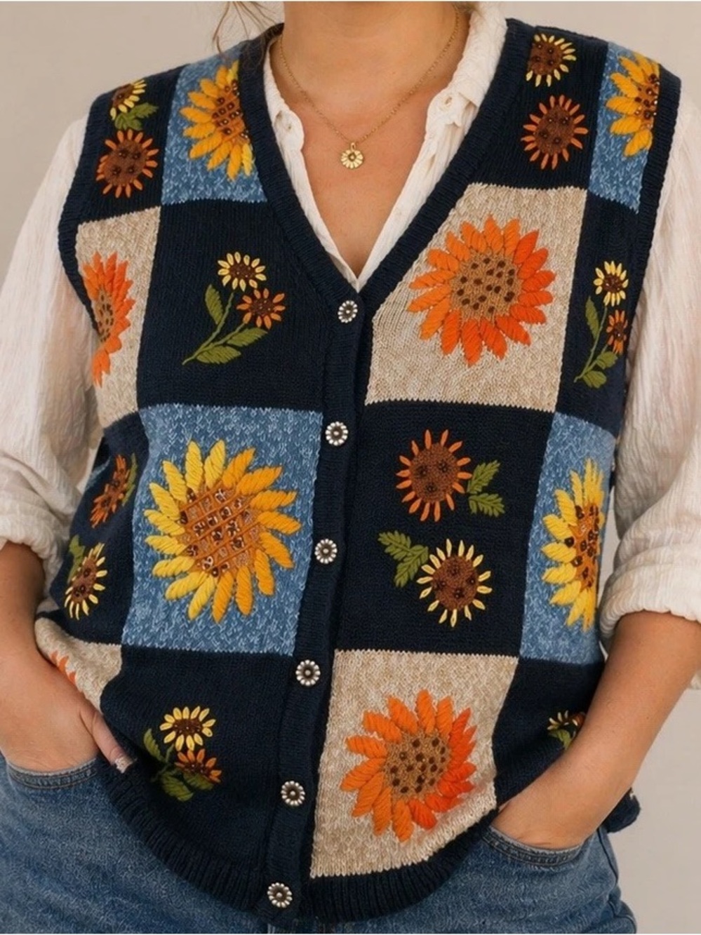 White Stag Sunflower Crochet Knit Vest 22W 24W Navy Plus Size Autum